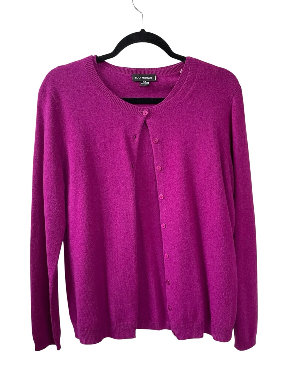 HOLT RENFREW Cashmere Crewneck Button Cardigan Sweater Magenta Purple L - Picture 6 of 8